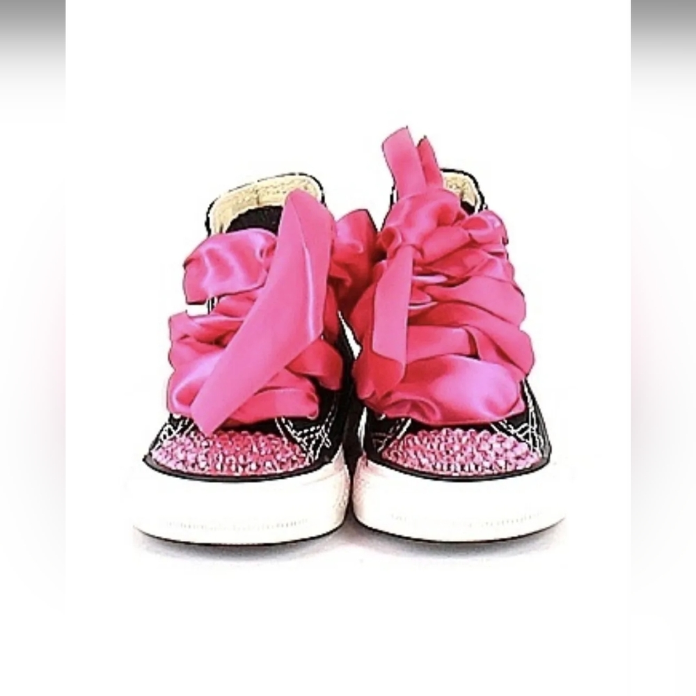 Converse Chuck Taylor High Tops Black Pink Sworovski Crystals Satin Laces Size 2